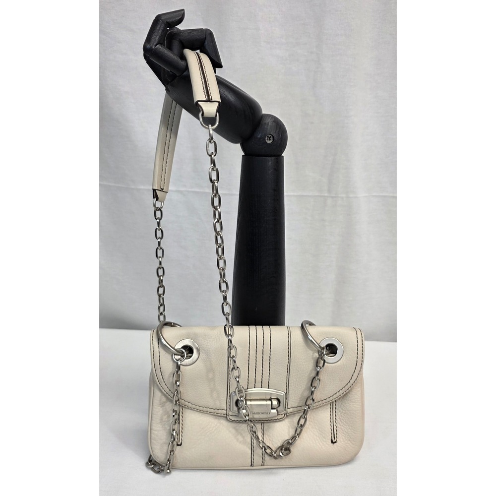 B. Makowsky Cream Leather Crossbody Bag Silver Chain Leopard Print Lining